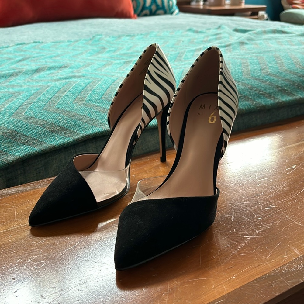 Mix 6 zebra strip and black suede heels size 7.5 literally worn once